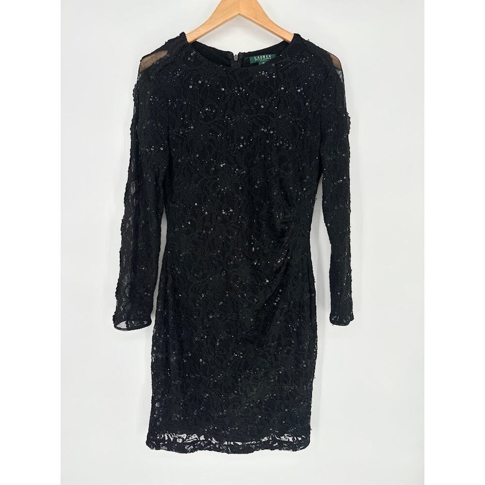 Laurenā RALPH LAUREN Lace Sequin Black Dress 14 Ruched Waist Sheer Sleeve Formal